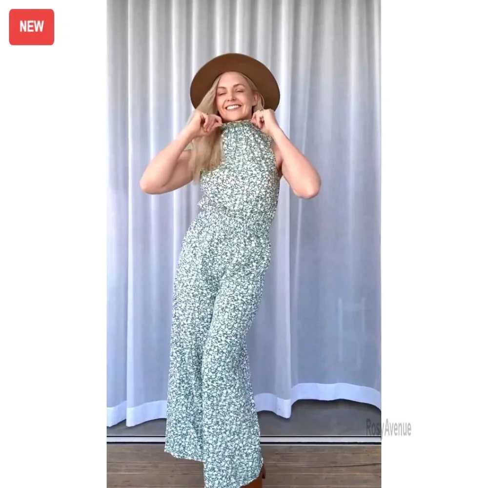 Floral Maxi Jumpsuit with Pocket Mock Neck Elastic Waist Wide Leg - Picture 7 of 7